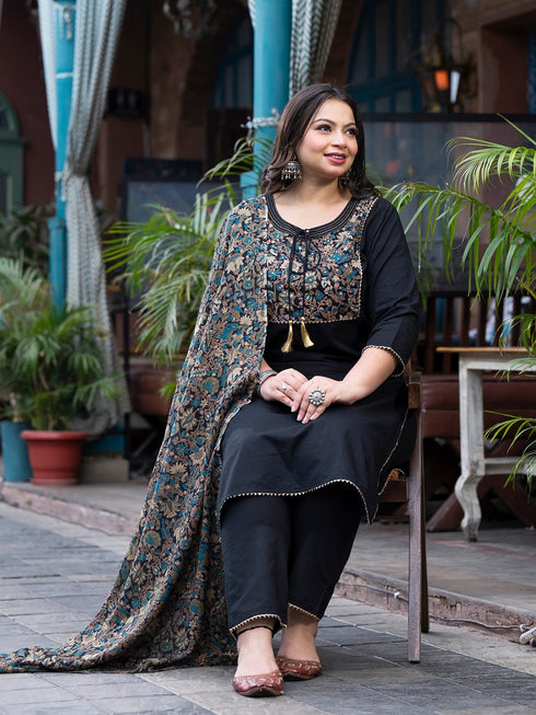 Women Plus Size Black Pure Cotton Kurta Set With Dupatta
